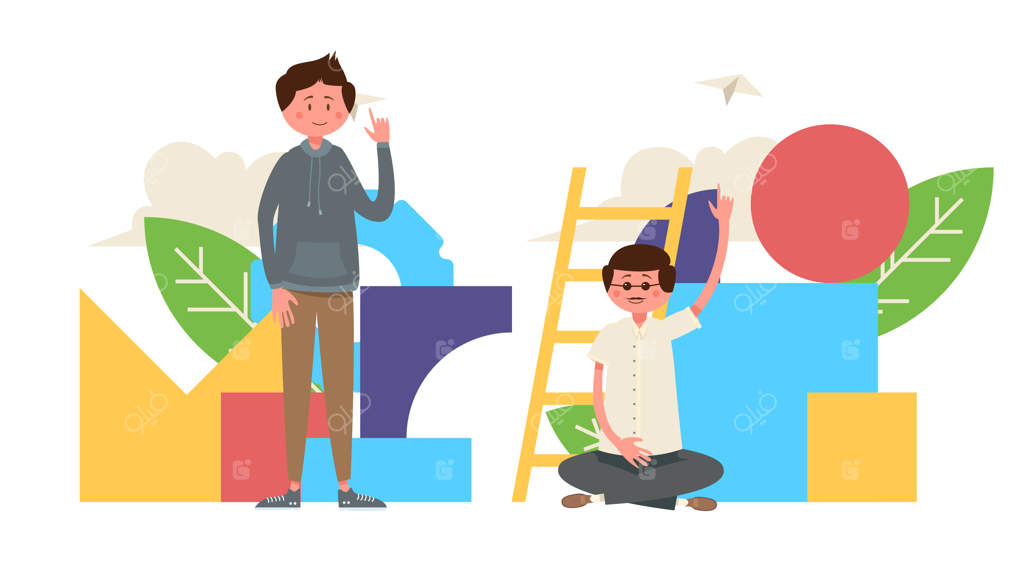 سه نفر مقابل پلکان بزرگ و پس‌زمینه‌ای از اشکال ایستاده‌اند