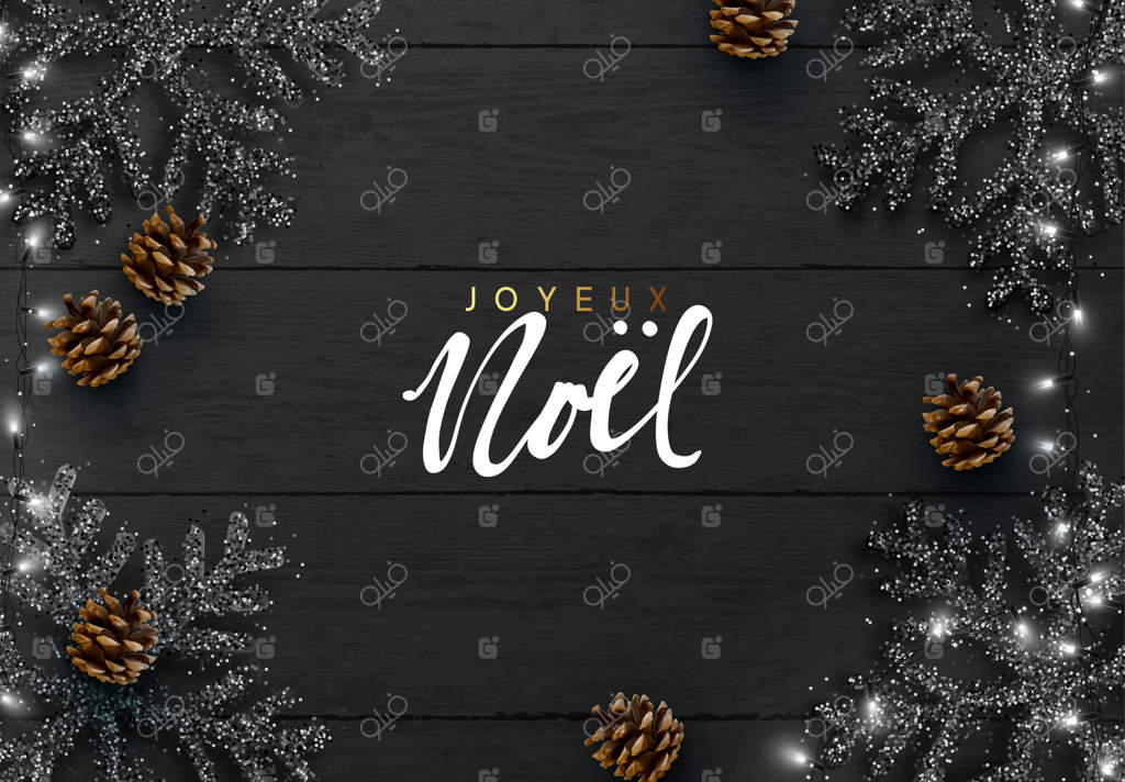 کریسمس مبارک و سال نو خوش. پس‌زمینه کریسمس: بافت چوبی، چراغ‌های زینتی، دانه‌های برف سیاه درخشان و کاج طبیعی. ترکیب‌بندی کریسمس از نمای بالا. تصویرسازی وکتور.