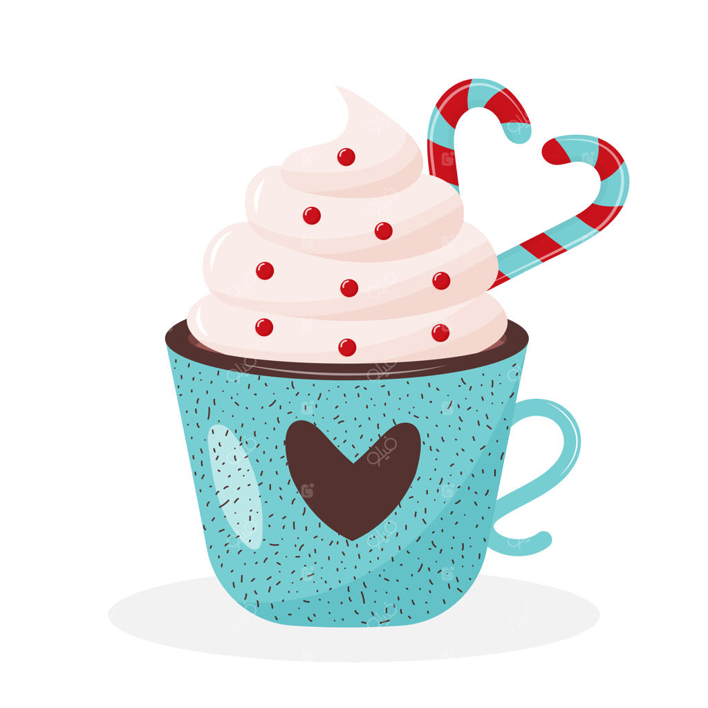 فنجان قهوه کریسمس با تزئین قلبی، خامه و آبنبات چوبی به شکل قلب