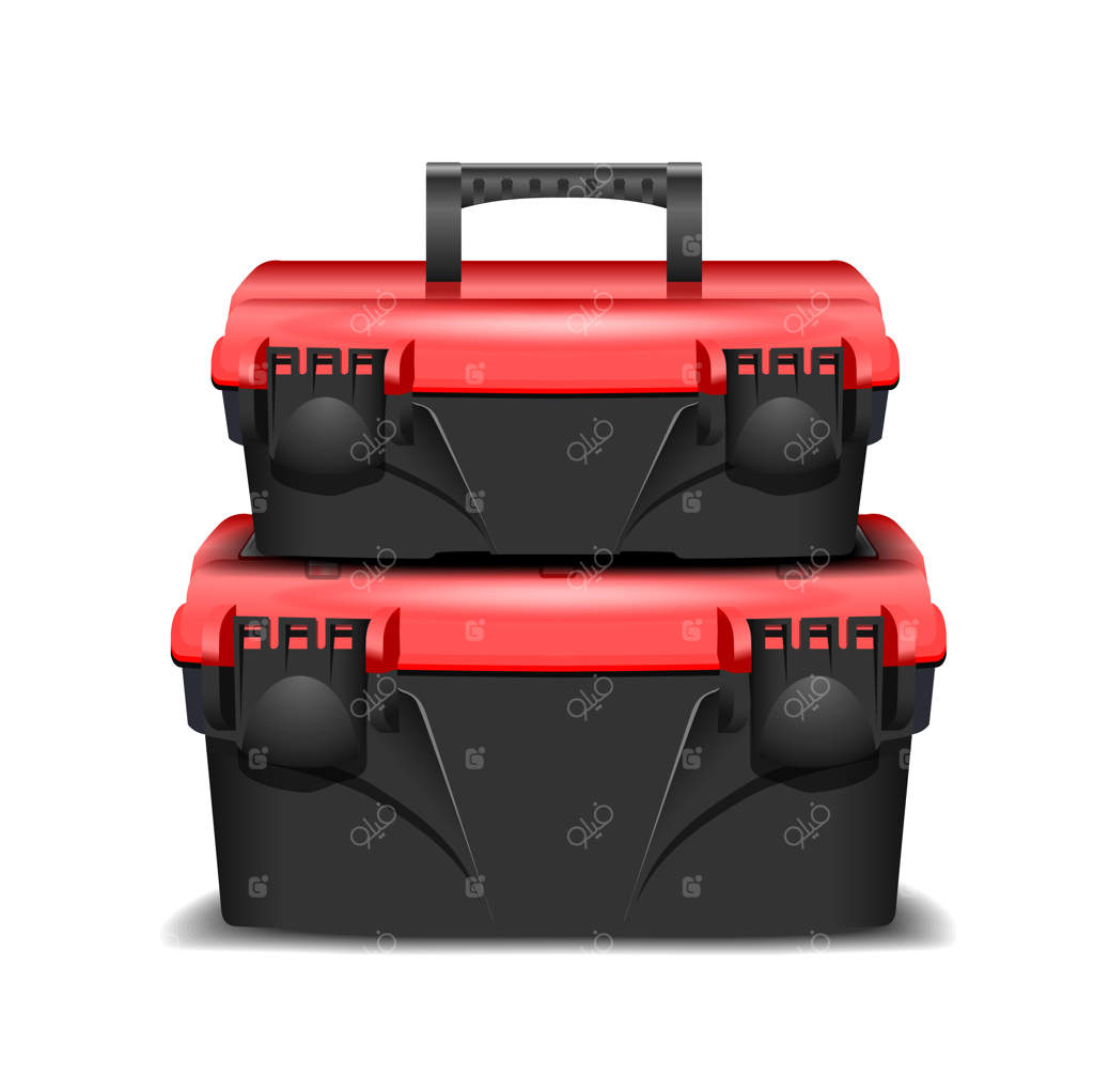 دو جعبه ابزار مشکی پلاستیکی، با درب قرمز. جعبه ابزار واقعی برای سازنده یا فروشگاه صنعتی