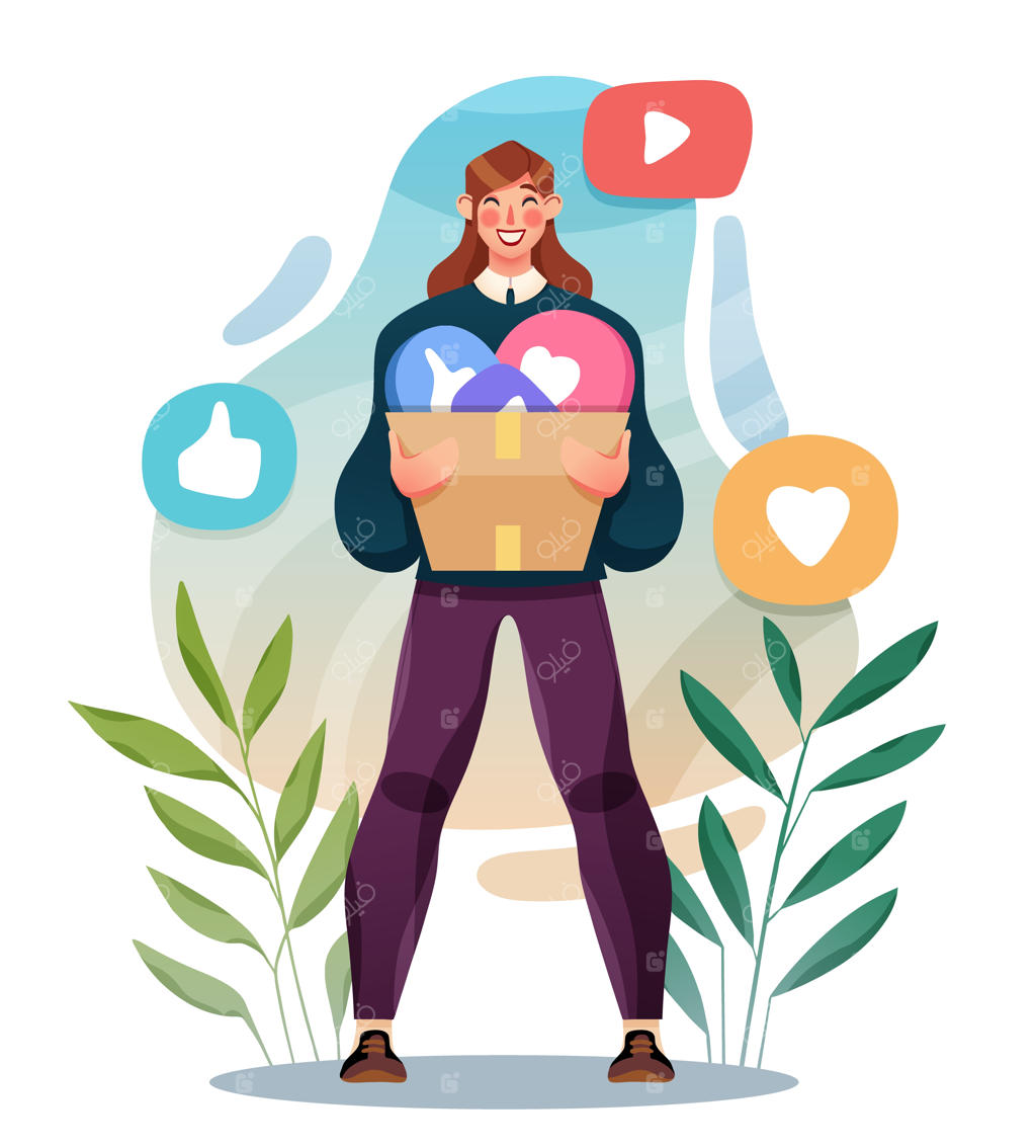 فروش، مصرف‌گرایی و مردم: تصویرسازی زنی جوان در حال خرید آنلاین.