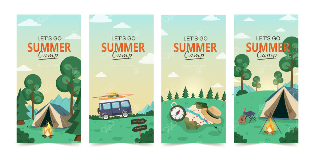 مجموعه‌ای از بروشورهای تبلیغاتی برای کمپینگ، سفر، طبیعت‌گردی و پیک‌نیک تابستانی. بنر عمودی وب برای اردوهای تابستان. طراحی مدرن و تخت.