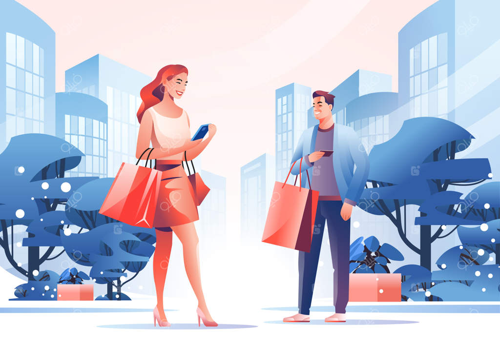 افراد با لباس‌های مد در خیابان شهر ایستاده‌اند - شخصیت‌هایی با کیسه‌های خرید در حال پیاده‌روی در فصل حراج بزرگ، تخفیف ویژه و تبلیغات