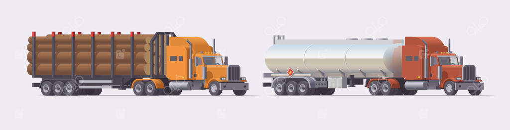 مجموعه کامیون‌های نیمه‌ یدک‌کش: کامیون حامل تریلر چوب و کامیون حامل تریلر بنزین. تراکتورهای اروپایی با تریلرها در پس‌زمینه روشن.