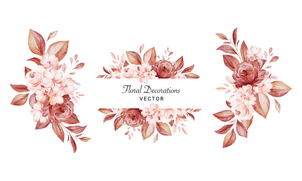 مجموعه‌ای از طرح‌های آبرنگی گل‌آرایی با گل‌های رز قهوه‌ای و هلو و برگ‌ها. تصویرسازی تزئینات گیاهی