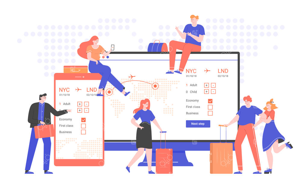 تصویرسازی مفهومی از خدمات آنلاین خرید بلیط هواپیما؛ گروهی از افراد با چمدان و کیف در کنار مانیتور کامپیوتر و گوشی هوشمند، سفرهای تفریحی و کاری، طراحی فلت مدرن.