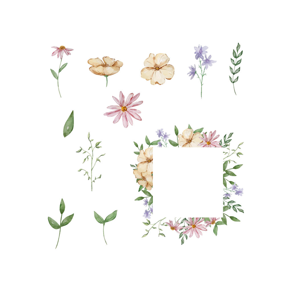 قاب گل‌ها و برگ‌های باغ آبرنگی