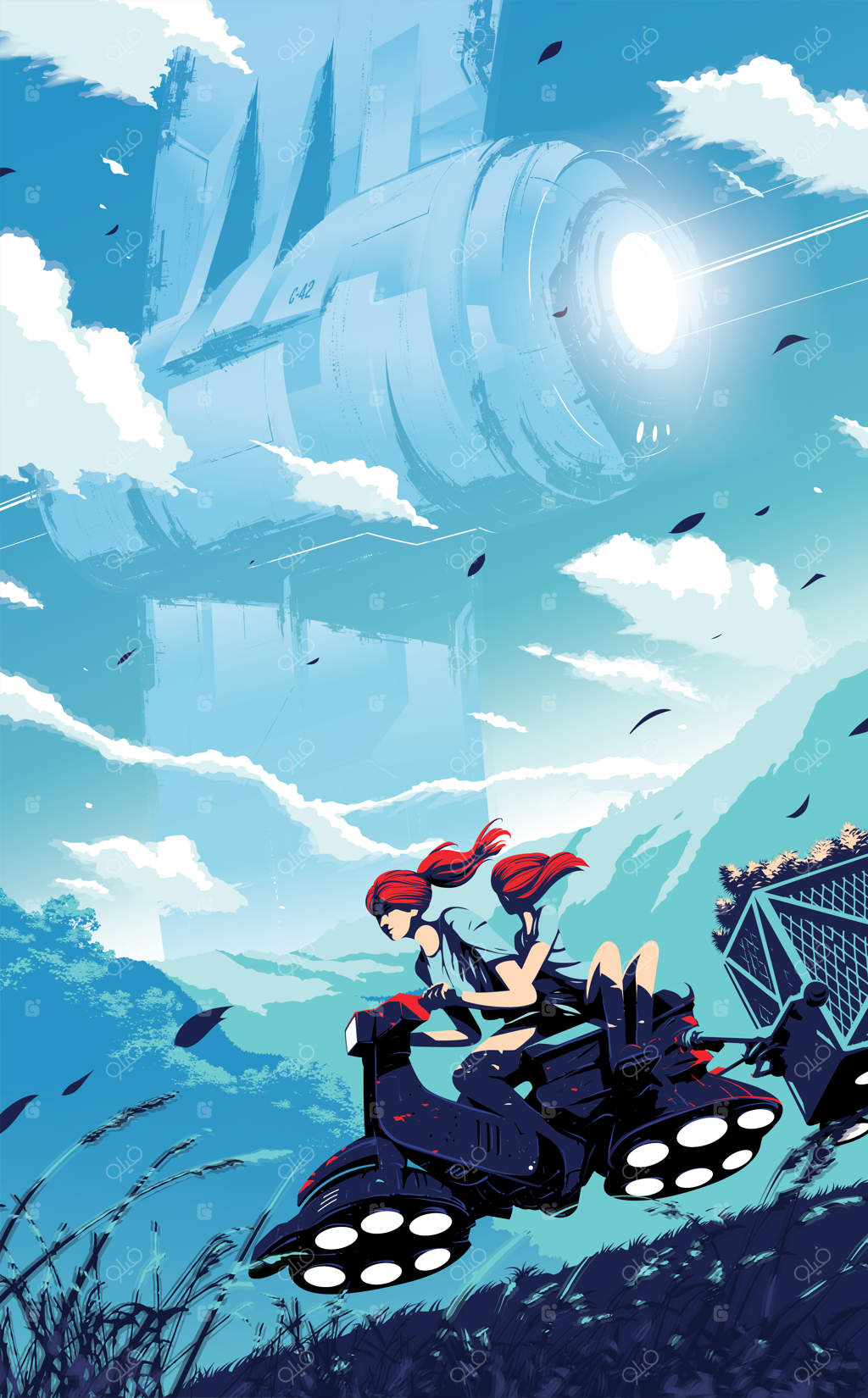 تصویر علمی-تخیلی از دو کودک بر روی اسکوتر شناور که محصولات کشاورزی خود را در تریلر حمل می‌کنند