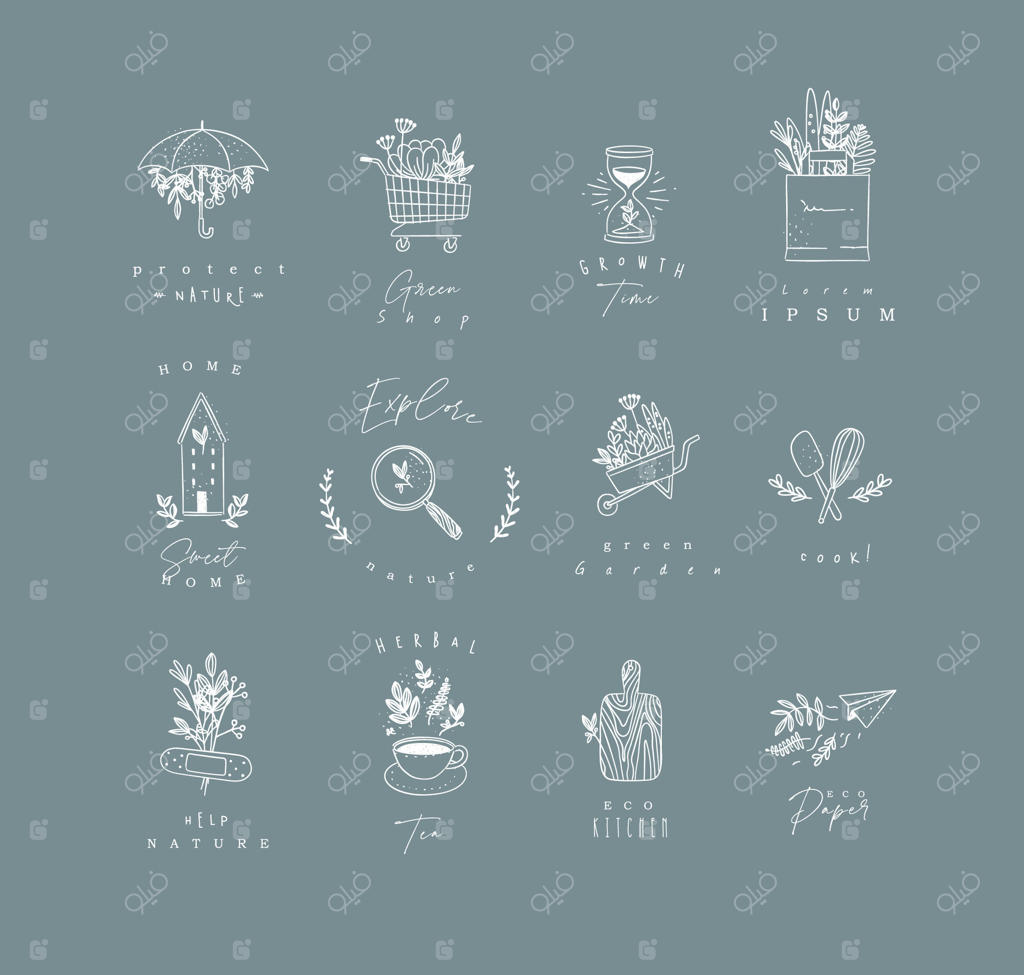 مجموعه‌ای از برچسب‌ها: محافظت، خرید، زمان رشد، خانه‌ی شیرین، کاوش، باغ سبز، آشپزی، دمنوش گیاهی، طراحی آشپزخانه‌ی سازگار با محیط زیست روی زمینه‌ی خاکستری