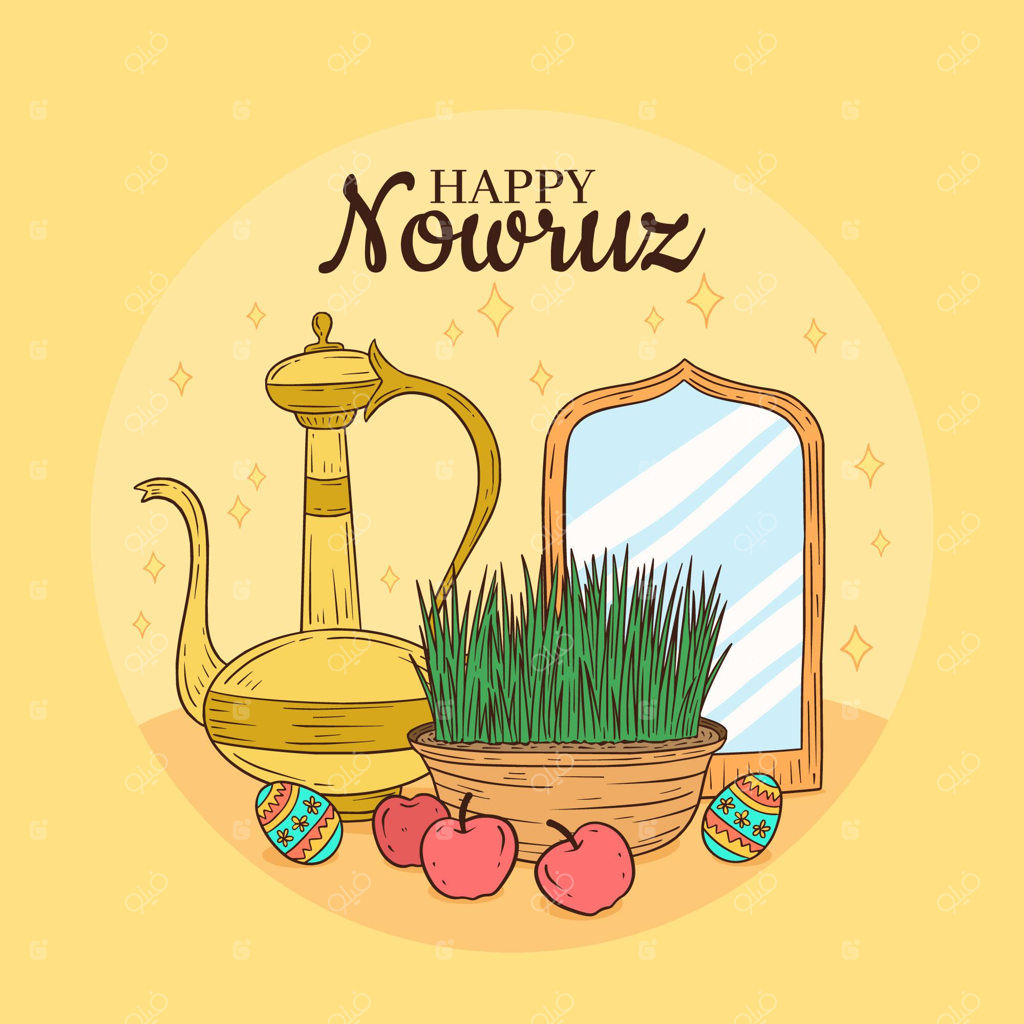 تصویرسازی دستی تبریک نوروز با سبزه و آینه