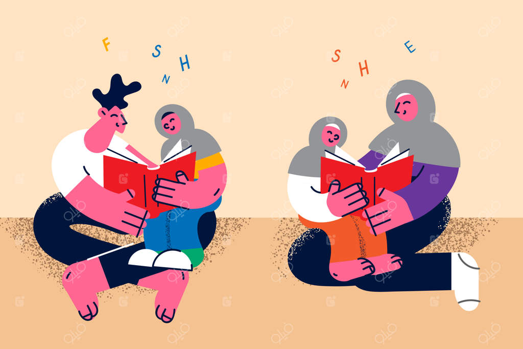 خانواده خوشحال مسلمان با فرزندان آخر هفته استراحت می‌کنند و با هم درس می‌خوانند. والدین اسلامی لبخند به همراه کودکان کتاب می‌خوانند. مفهوم آموزش. جامعه چند فرهنگی. تصویرسازی وکتور، شخصیت کارتونی.