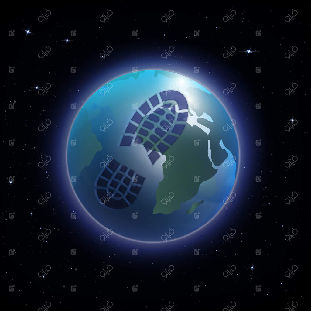 ترکیب واقع‌گرایانه حفاظت از محیط زیست با تصویر ردپای کربن بر روی سیاره زمین در پس‌زمینه آسمان شب، به همراه تصویرسازی وکتوری