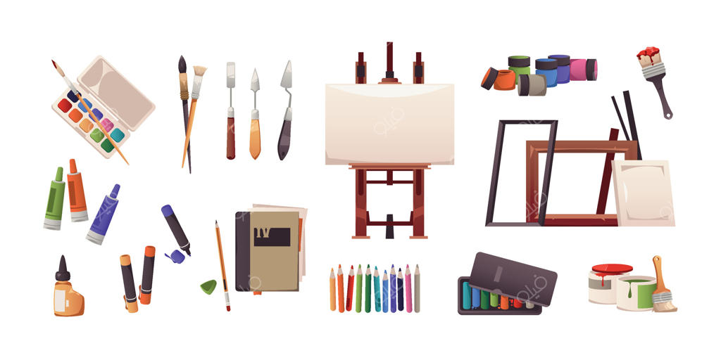 ابزارهای هنری: قلم‌موها، مدادها و پالت‌های نقاشی کارتونی، وسایل نقاشی برای هنرمندان و طراحی خلاقانه، ابزارهای تحصیلی. مجموعه‌ای از ابزارهای گرافیکی و هنری.