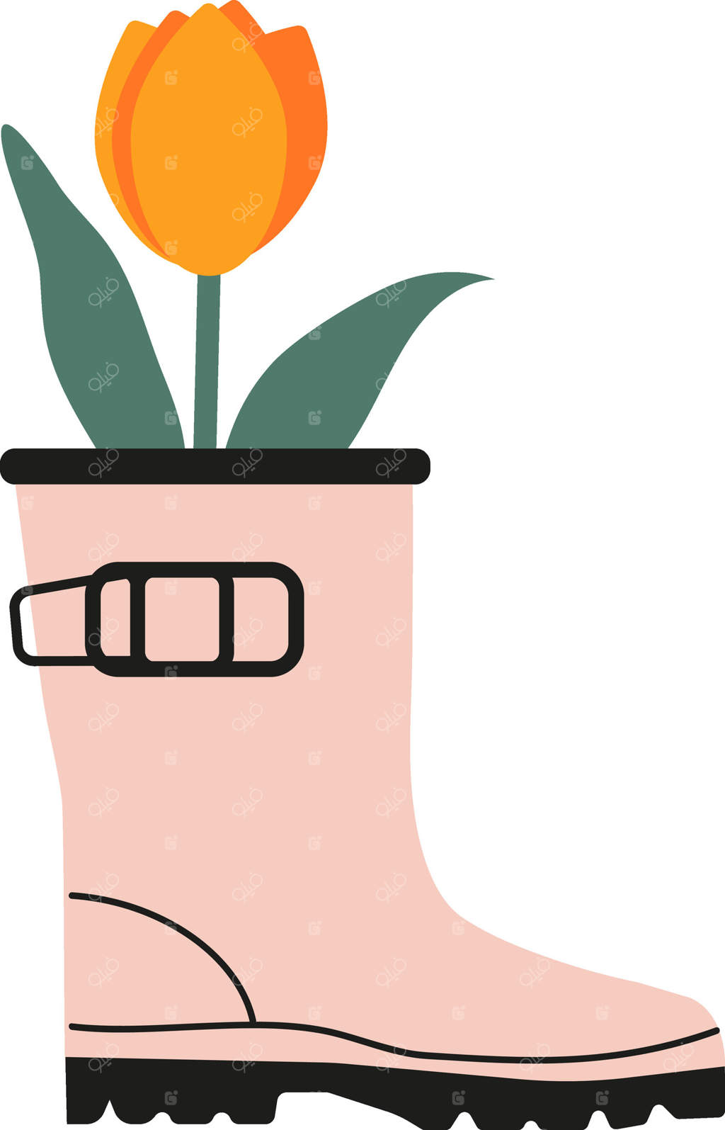 چکمه پلاستیکی جذاب که به عنوان گلدان با گل لاله رنگارنگ، نمایی شاد و زیبا خلق کرده است. مناسب برای پروژه‌های تزیین باغ و خانه، این طراحی تصویری است.