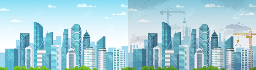 شهر پاک و آلوده: مقایسه آلودگی و محیط زیست، اکولوژی و مناطق پاک با ساخت و ساز در شهرهای گرد و غبار. تصویرسازی وکتور