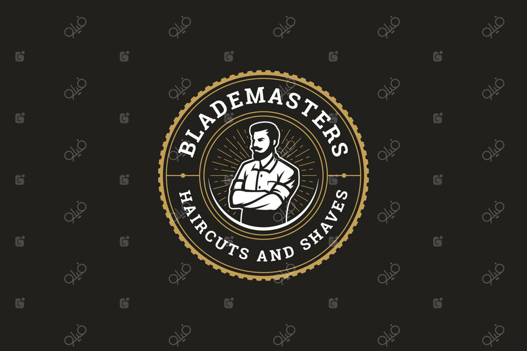 لوگوی آرایشگاه با طرح جنتلمن کلاسیک با دستان در هم قفل شده، ارائه دهنده اصلاح و کوتاهی مو