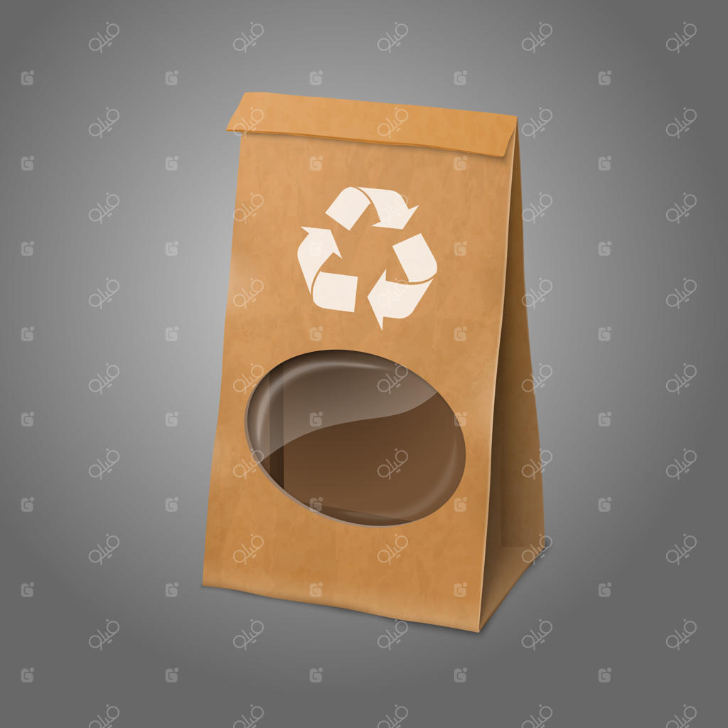 کیسه بسته‌بندی کاغذی واقع‌گرایانه با علامت بازیافت و پنجره شفاف