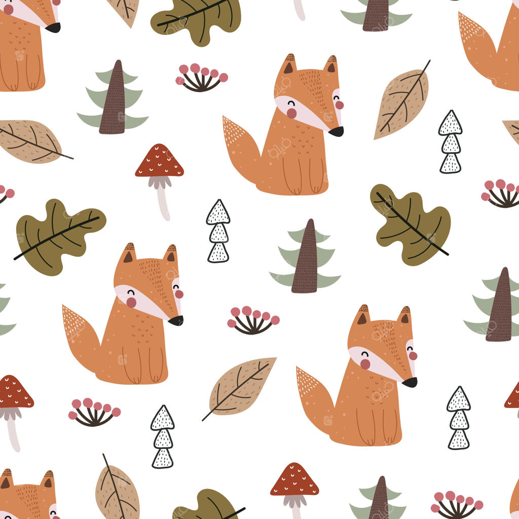 پترن یکپارچه با طرح کارتونی روباه، جغد و درخت