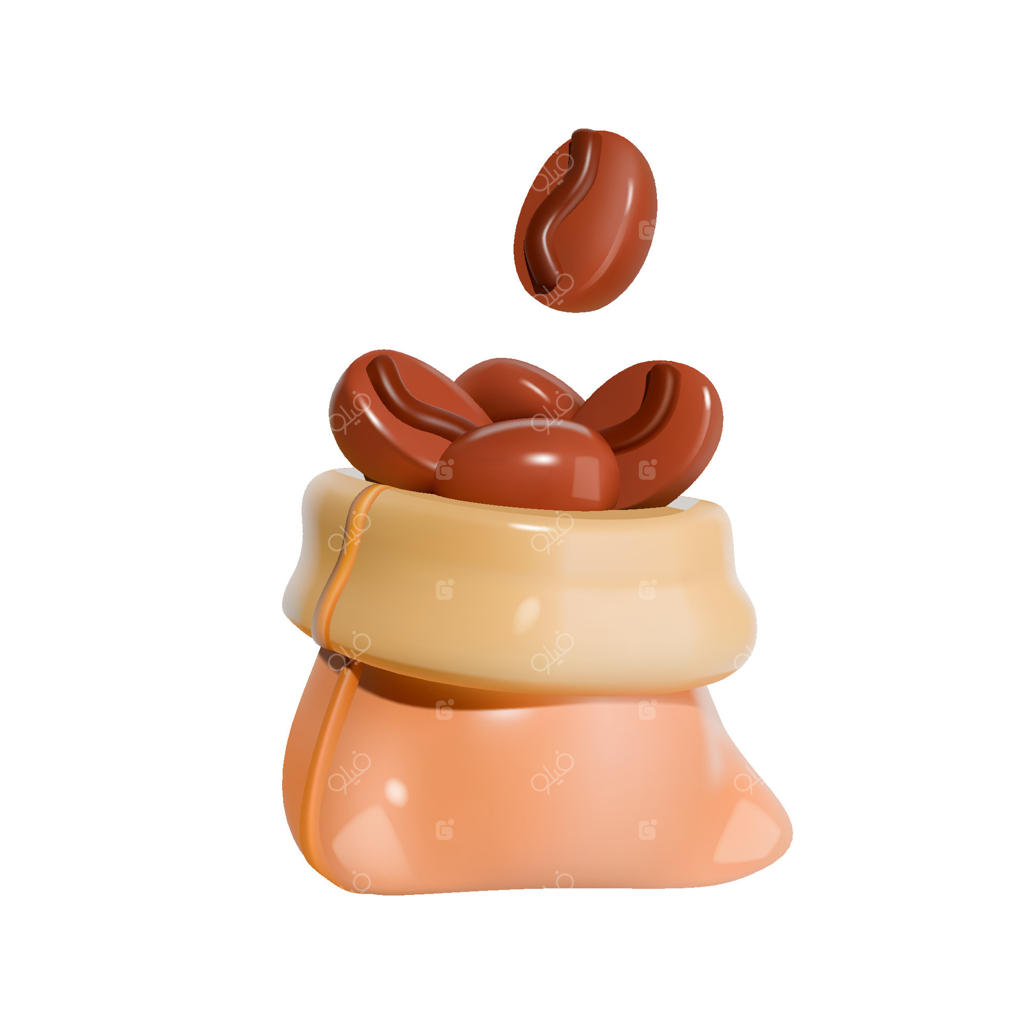 تصویرسازی آیکون سه‌بعدی دانه‌های قهوه در کیسه