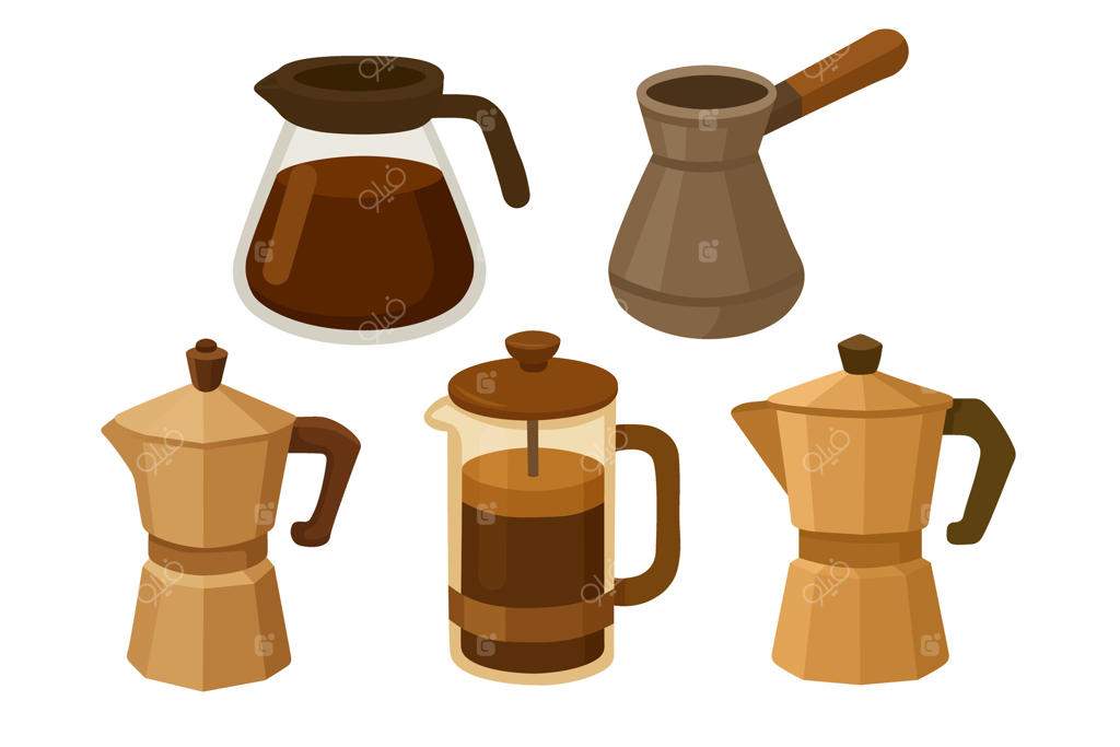 مجموعه‌ای از قهوه‌سازها شامل موکاپات، فرنچ پرس، جذوه و قوری قطره‌ای در سبک آرام‌بخش.
