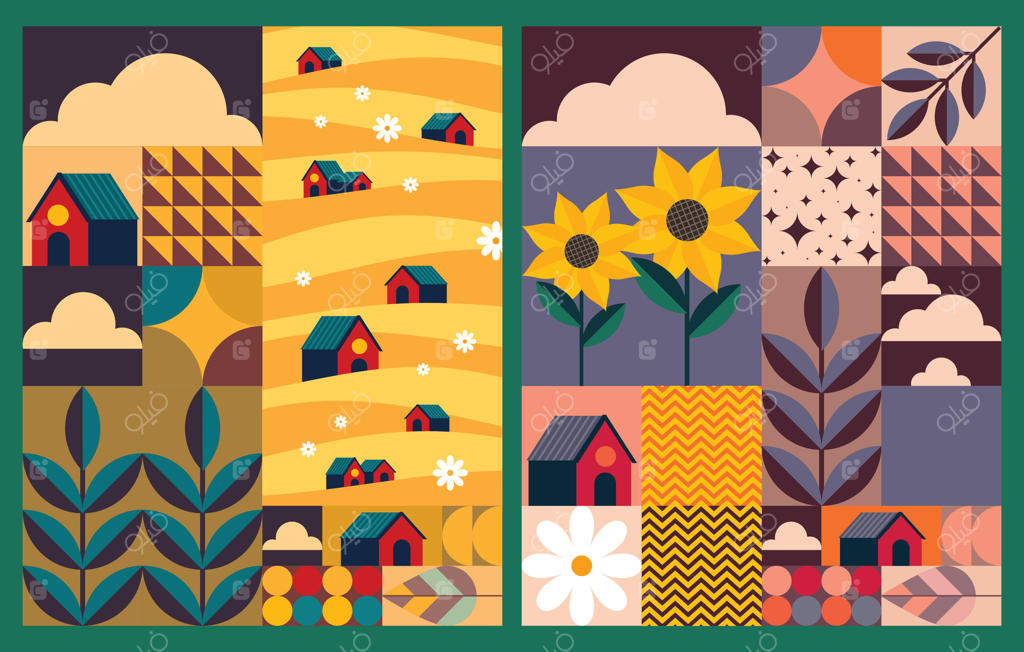 مجموعه پوستر منظره با تلفیق المان‌های طبیعت و خانه؛ ایده‌آل برای پروژه‌های خلاقانه با ترکیبی متوازن از زیبایی طبیعی و سبک دکوراسیون