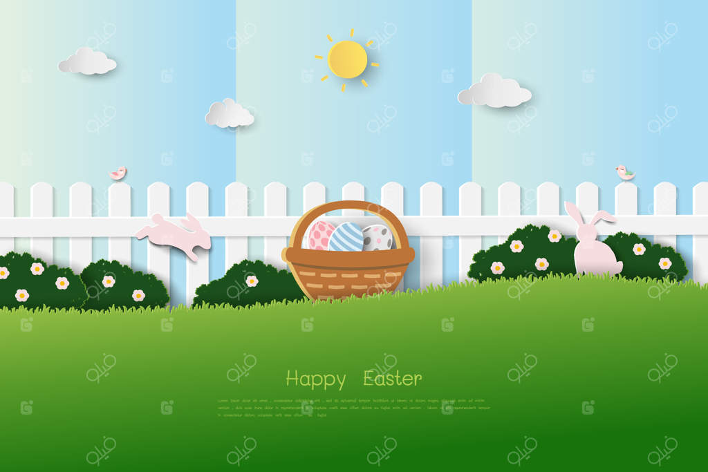 کارت پستال عید پاک با خرگوش‌های بامزه در باغ بهاری برای جشن یا تزئینات