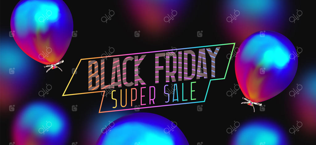 حراج جمعه سیاه: پس‌زمینه با بادکنک‌های واقعی در رنگ آبی روشن. پوستر و بنر برای تبلیغات و برندینگ. کاور و بروشور. سربرگ برای وب‌سایت. تصویرسازی برداری.