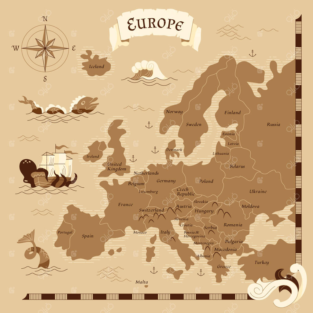 تصویر نقشه قدیمی اروپا به صورت دست‌کشیده