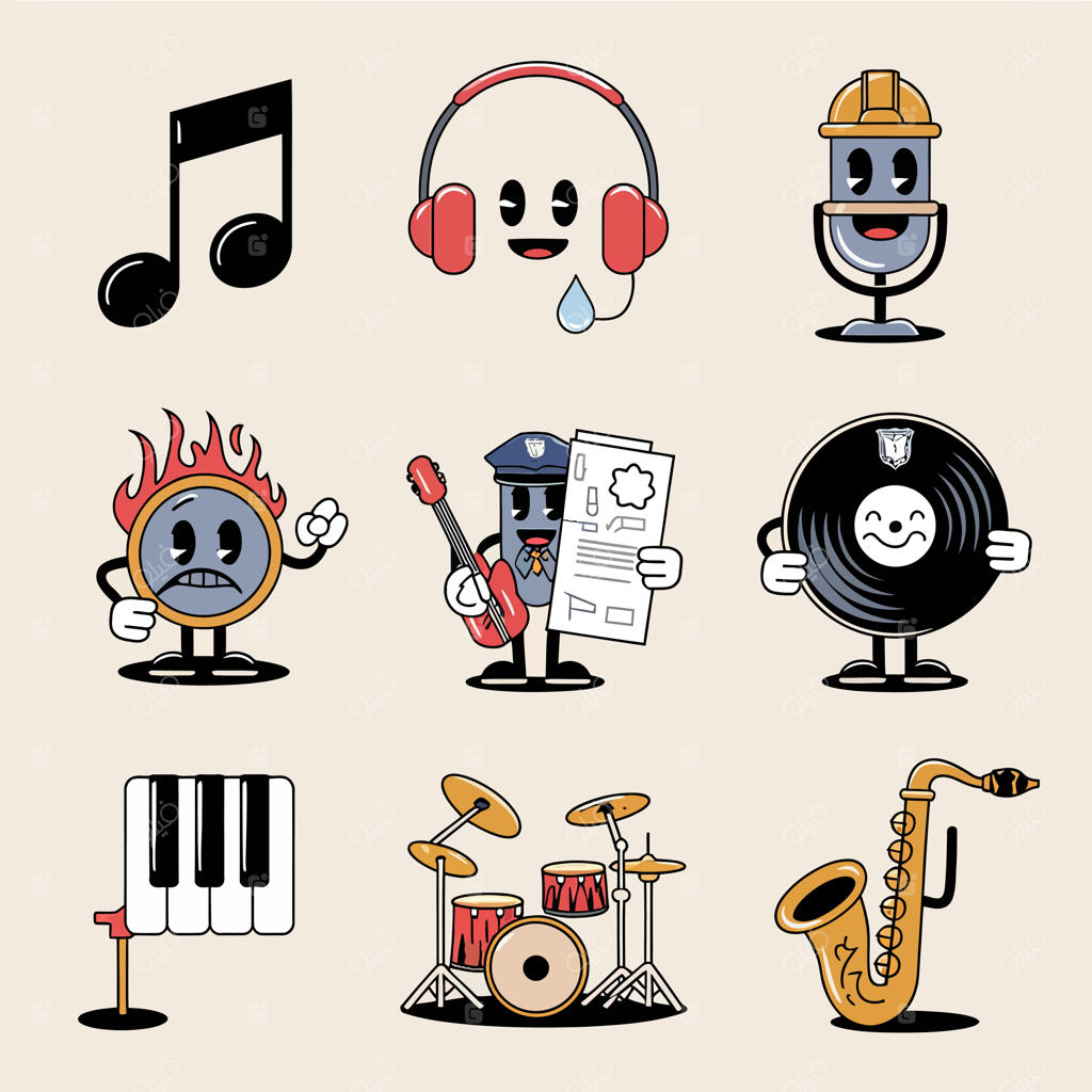 تصویرسازی وکتور و آیکون کاراکترهای بامزه موسیقی با نمادهای آهنگ