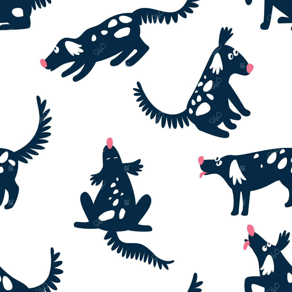 پترن یکپارچه با سگ‌های بامزه و خنده‌دار روی زمینه سفید