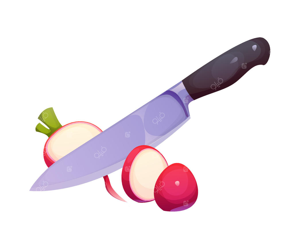 انیمیشن چاقوی آشپزخانه در حال برش تربچه قرمز تازه