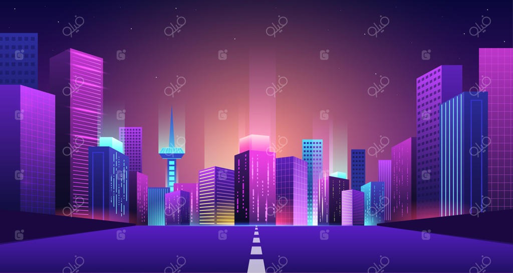 جاده‌ای به سوی شهر آینده‌نگر، پل منتهی به شهر نئونی در شب با ساختمان‌های درخشان و پرتو نورهای شهری؛ تصویرسازی بزرگراهی به سمت آینده