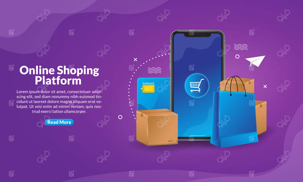 تصویرسازی خرید آنلاین با اپلیکیشن موبایل برای بنر وب و اپلیکیشن