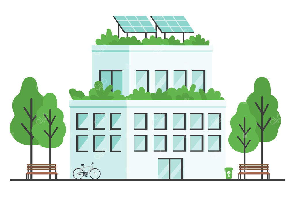 ساختمان شهری سازگار با محیط زیست با پنل‌های خورشیدی روی بام و تراس‌های سبز