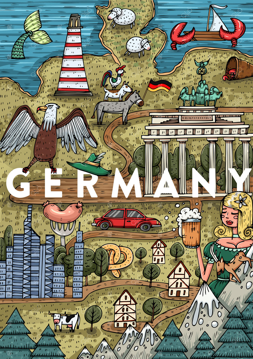 نقشه کارتونی خنده‌دار دست‌کشیده آلمان با جاذبه‌های گردشگری محبوب - تصویر وکتور