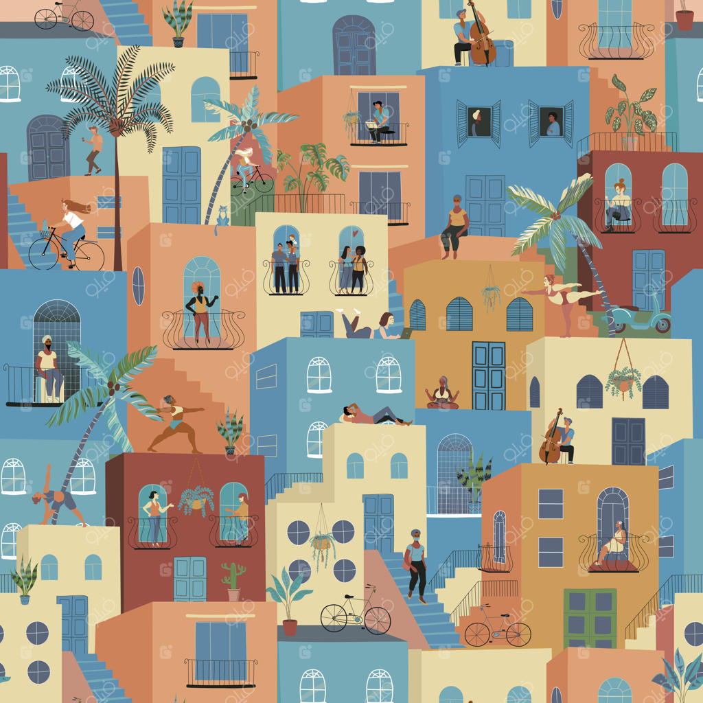 الگوی یکپارچه به سبک پاپ آرت: مردم با لباس‌های غیررسمی در بالکن‌ها و پنجره‌ها