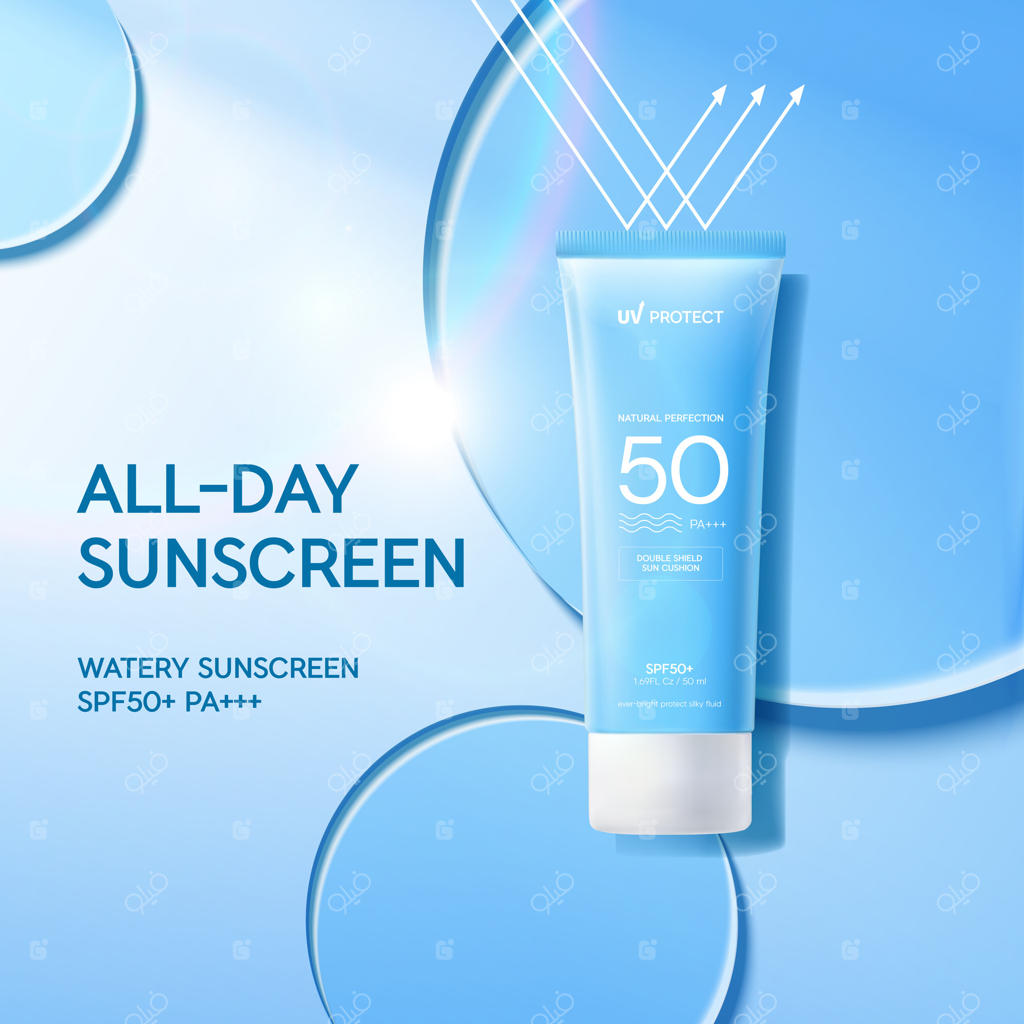 کرم ضدآفتاب تابستانی برای محافظت از پوست، طراحی واقعی بطری لوازم آرایشی.