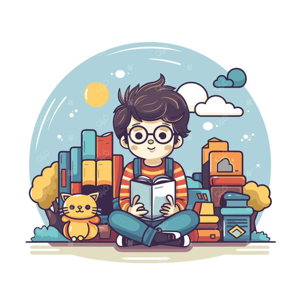 وکتور پسری جوان که غرق در کتاب بر روی زمین نشسته است