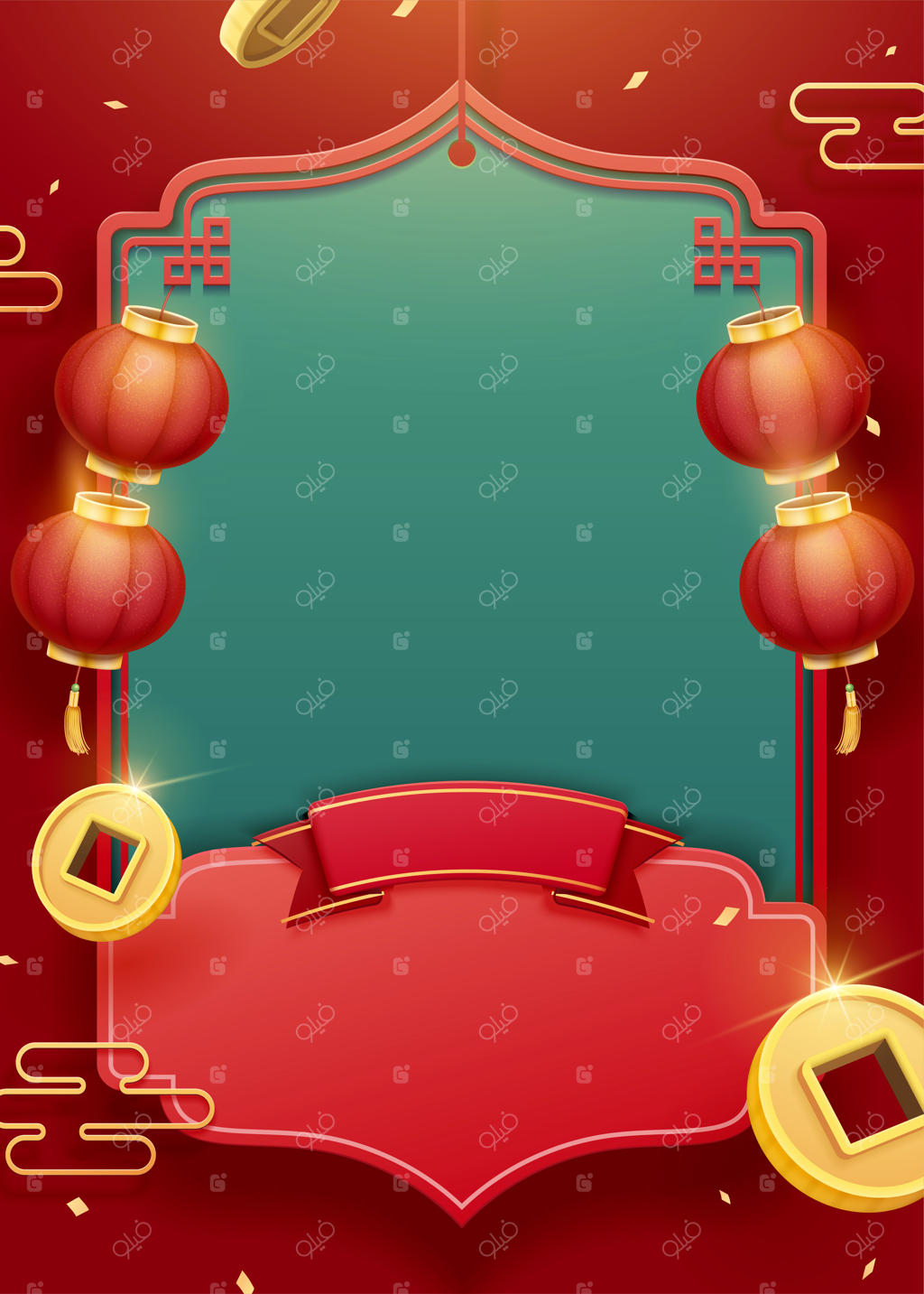 سکه طلایی و قاب سنتی در رنگ‌های قرمز و فیروزه‌ای