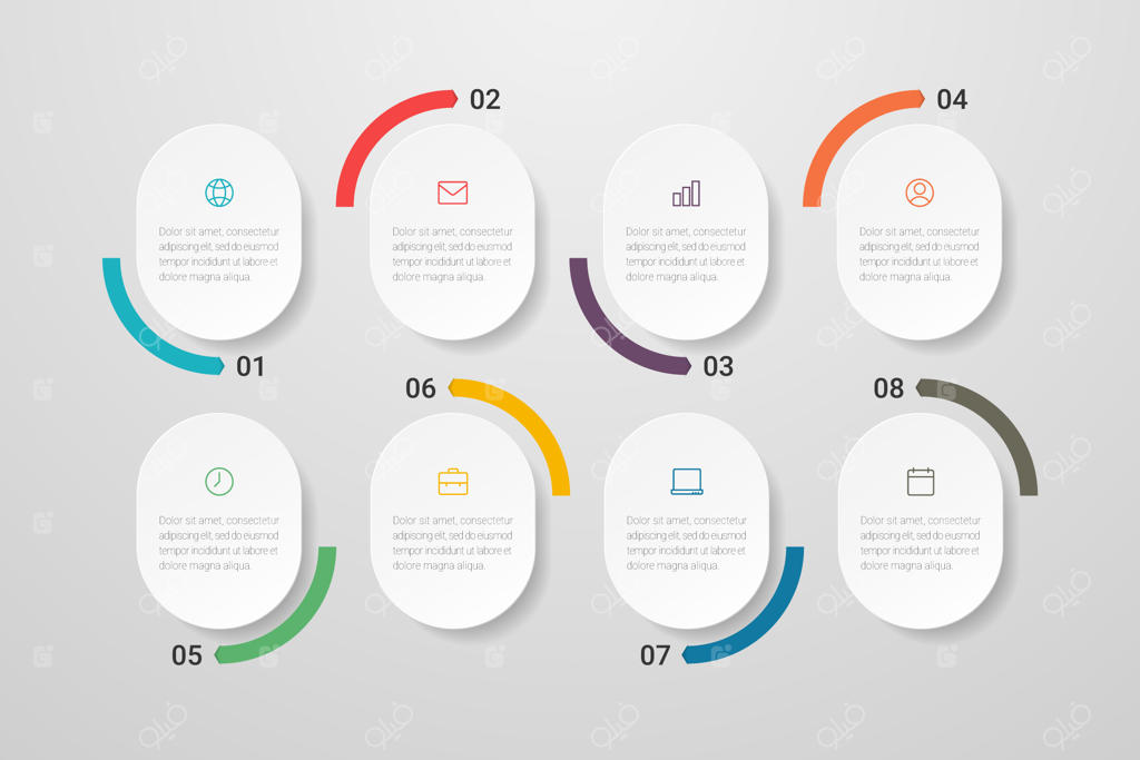 طراحی اینفوگرافیک همراه با آیکون و ۸ گزینه یا مرحله؛ مناسب برای ارائه‌ها، فلوچارت، وب‌سایت، بنر و اقلام چاپی.