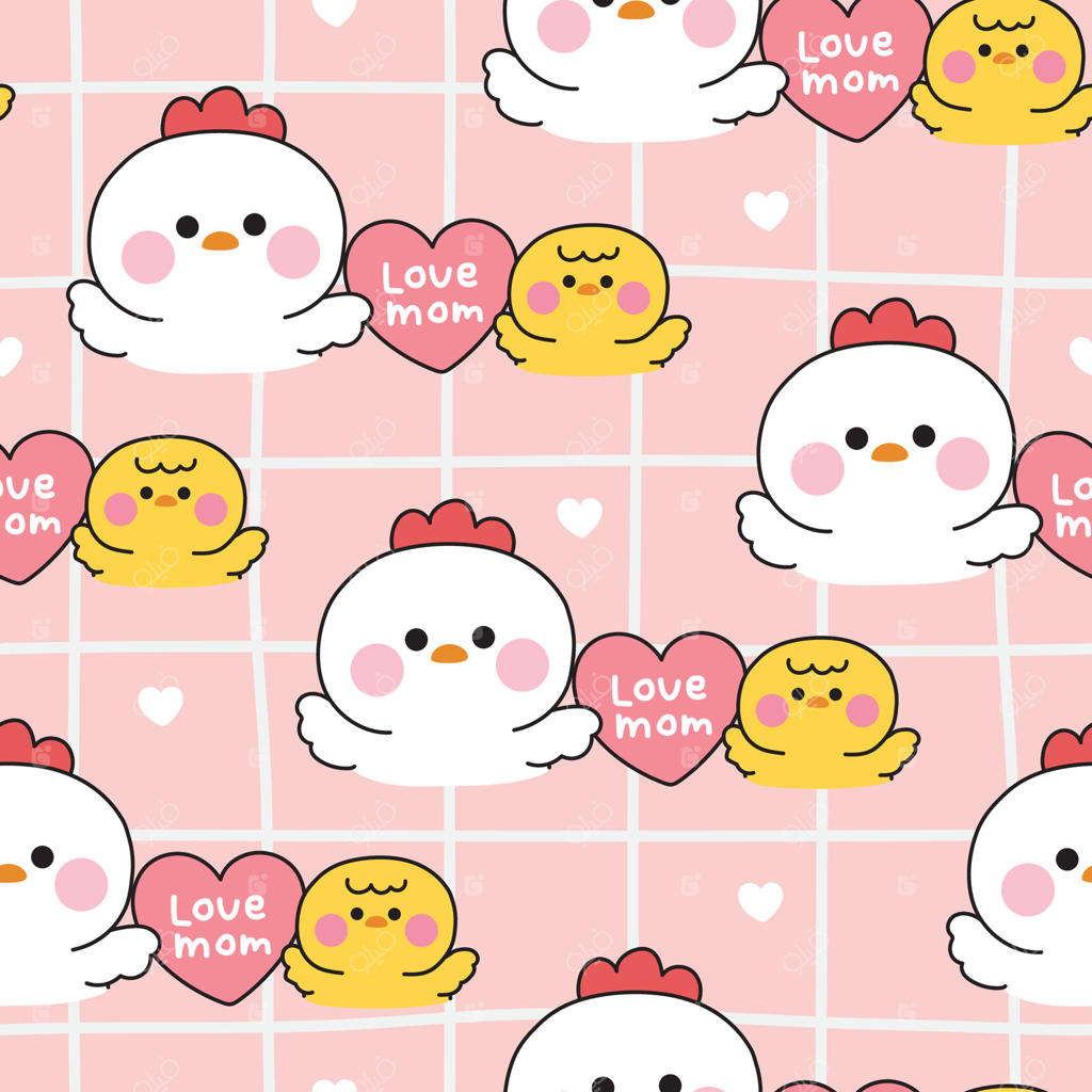پترن یکپارچه از مرغ مادر و جوجه بامزه با قلب بزرگ در پس‌زمینه. روز مادر. دوستت دارم مامان. طراحی شخصیت پرنده مزرعه. کارتونی و بانمک. تصویرسازی.