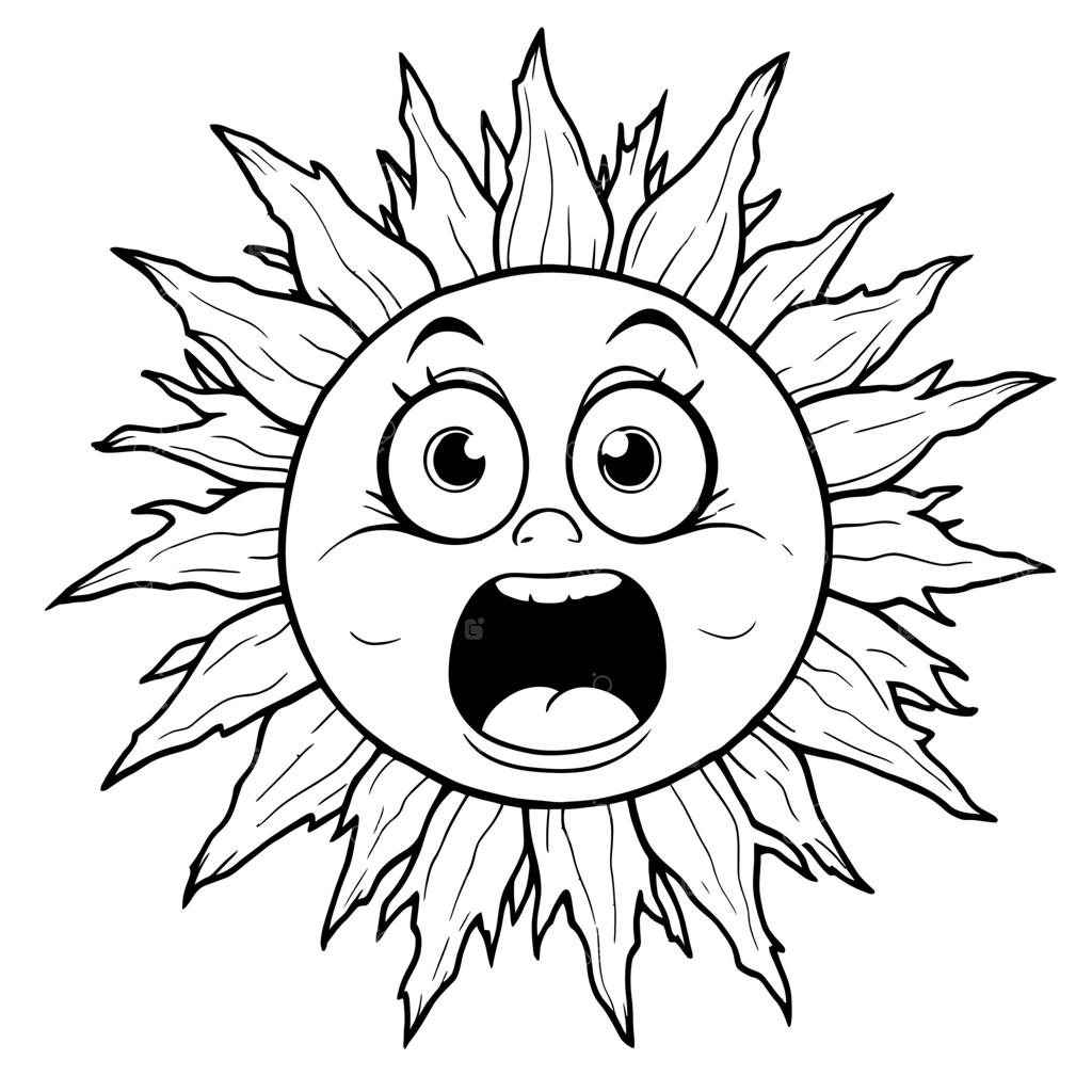صفحه رنگ‌آمیزی آفتاب کارتونی شگفت‌زده با اشعه‌های دندانه‌دار