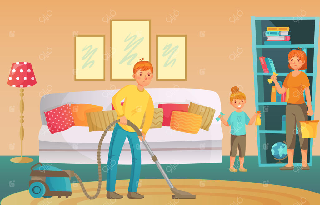 کارهای خانه: تمیز کردن اتاق نشیمن با هم، پدر جاروبرقی می‌کشد، مادر و دختر گردگیری می‌کنند.