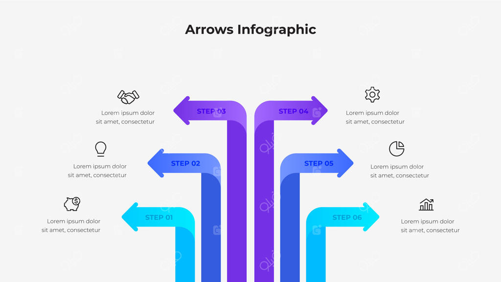 اینفوگرافی پیکانی رنگارنگ با شش مرحله، نمایش‌دهنده سازماندهی فرآیند مفهومی برای تجارت و برنامه‌ریزی. طراحی به صورت منظم و با آیکون‌های مفهومی برای هر مرحله ارائه شده است.