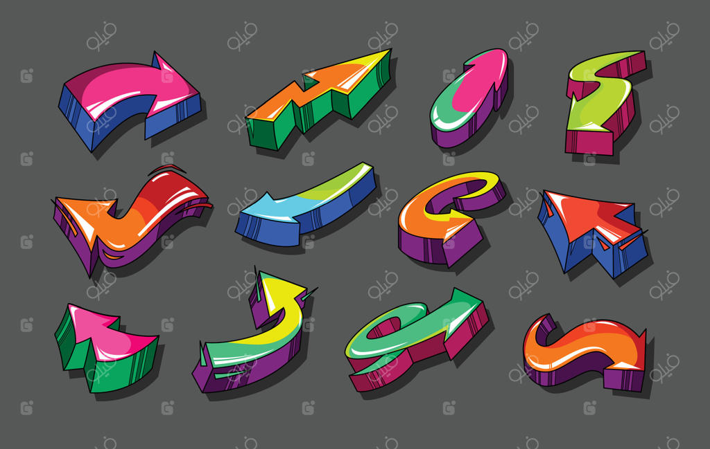 پیکان‌های سه‌بعدی گرافیتی: راهنمایی‌های رنگارنگ هنر خیابانی به سبک جسورانه و شهری برای طراحی ناوبری پویا و شاداب. مجموعه‌ای از تصاویر جداگانه