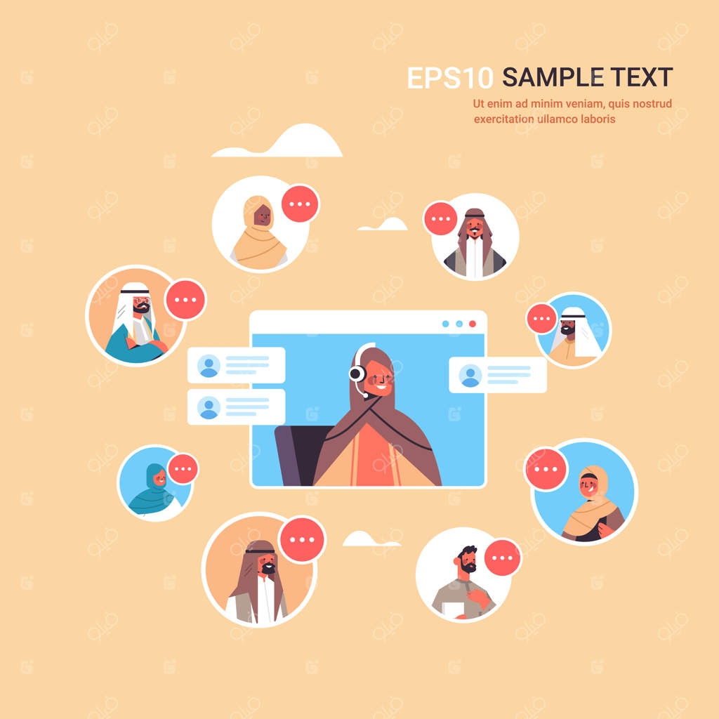 اپراتور عرب با هدست در حال چت با مشتریان عربی مرکز تماس در پنجره مرورگر - خدمات پشتیبانی مشتری، فضای خالی برای متن