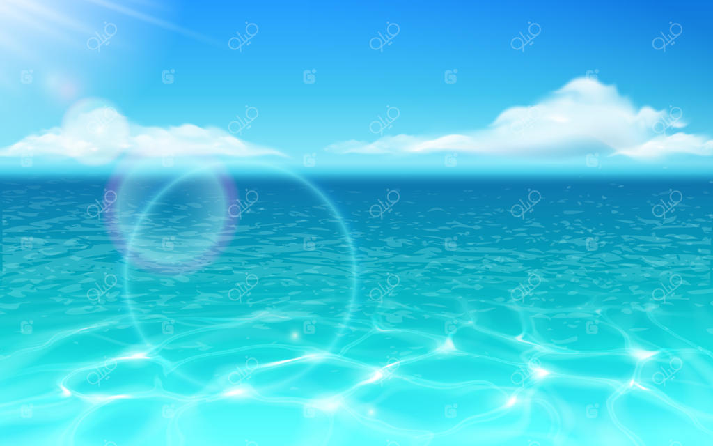 سطح آب دریا و خورشید درخشان با ابرهای اقیانوس