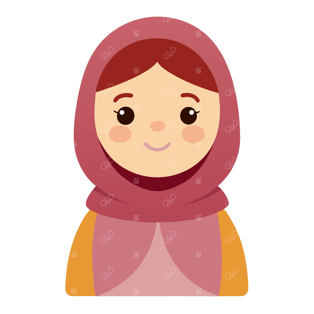 تصویرسازی ساده دختر کارتونی محجبه با چهره خندان، نماد مذهبی و فرهنگی در پس‌زمینه سفید