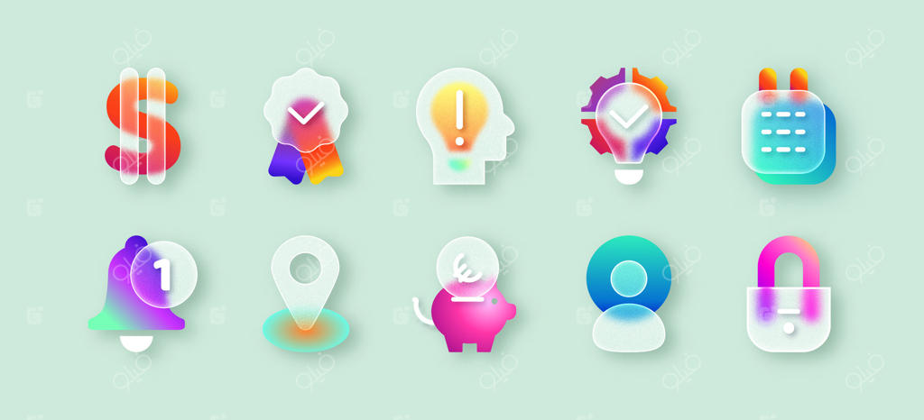 آیکون‌های رابط کاربری با افکت گلس‌مورفیسم مات؛ دکمه‌های شیشه‌ای و گرادینت محو شامل نماد پول، پین، پروفایل کاربر، قفل و تقویم برای اپلیکیشن موبایل