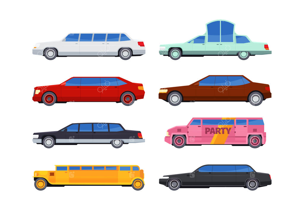 خودروهای لوکس و تشریفاتی: مجموعه تصاویر وکتور رنگارنگ از لیموزین‌های کشیده به سبک تخت